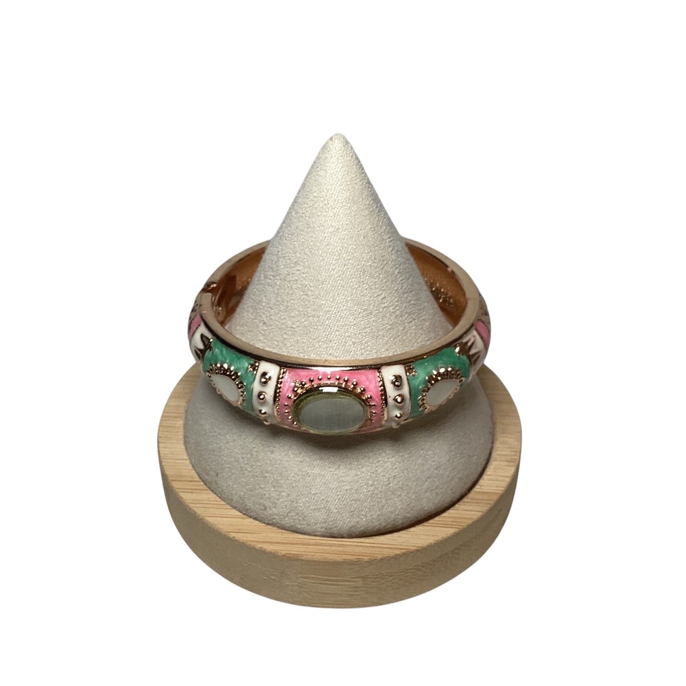 Jiu Long Xing Pink Green Enamel Rose Gold Tone Hinged Bangle Bracelet Cabochon